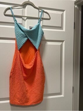 SHEIN Aqua & Orange Textured Wrap-Front Mini Dress